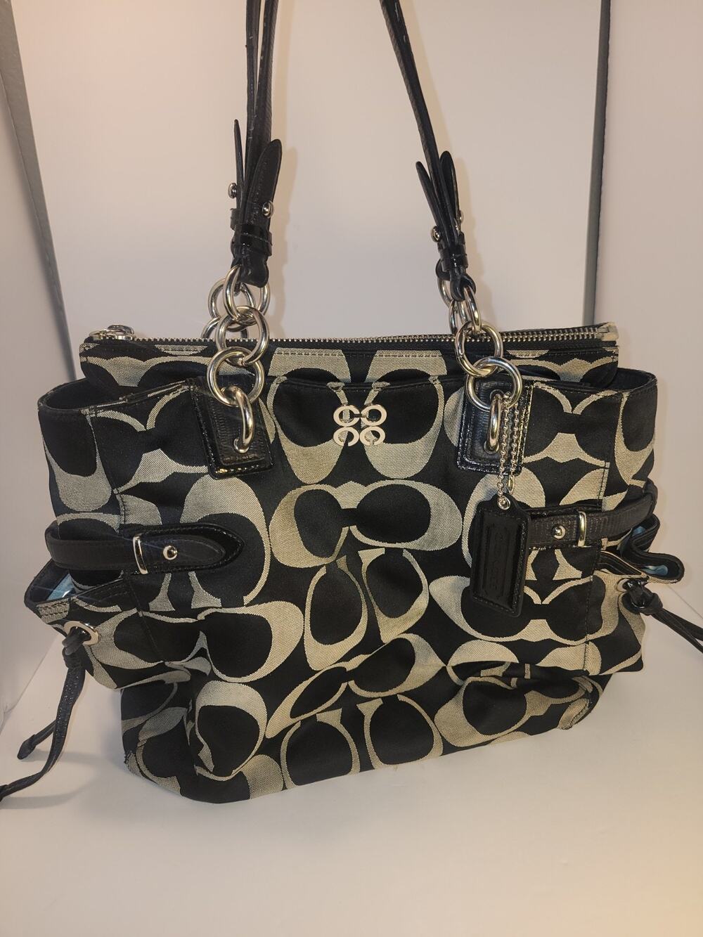 Coach Colette Black Ivory Signature Jacquard Shoulder Bag